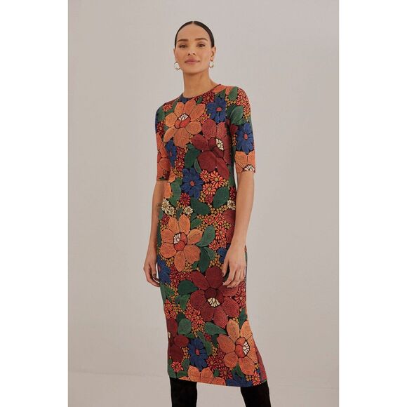 FARM Rio Dresses & Skirts - Farm Rio Floral Midi Dress Large Stitched Boho Fall Wedding Guest Worn Once